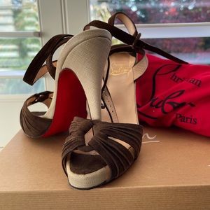 Christian Louboutin brown suede platform ankle wrap sandal linen heel six 36 1/2